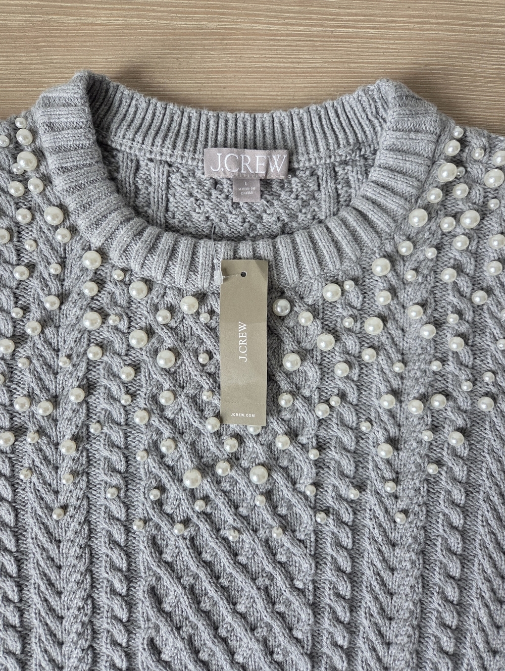 J. Crew Gray Pearl Embellished Cable Knit Sweater Womens Size Large - Picture 4 of 8